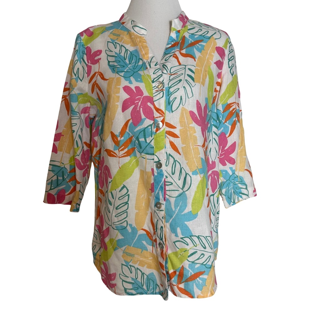 Hot Cotton Linen Tropical Leaf Print Button Down Shirt Pink Blue Womens Medium